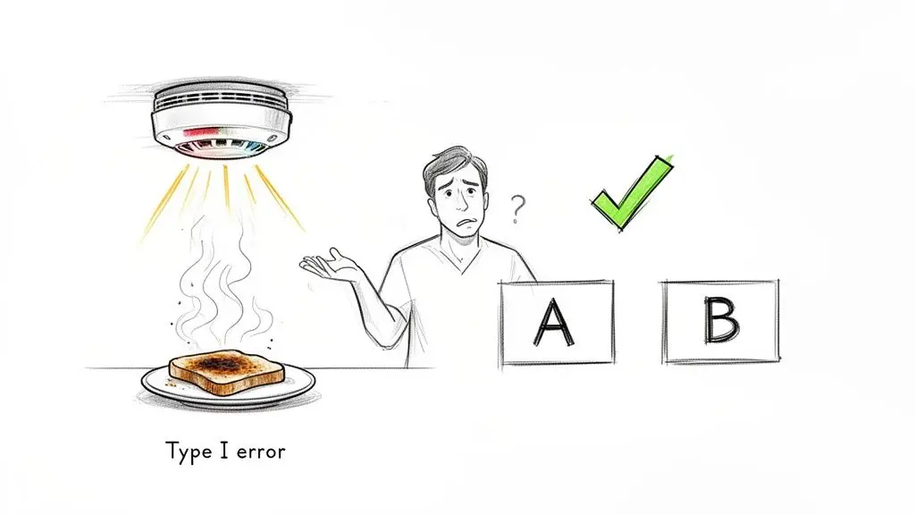 Illustration of a smoke detector alarming over burnt toast, a confused man, and text 'Type I error'.