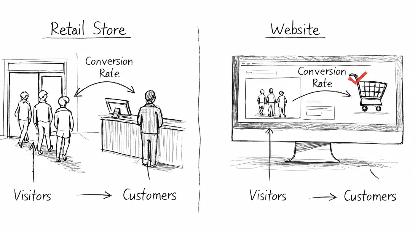 A hand-drawn comparison showing how visitors become customers in both retail stores and websites.