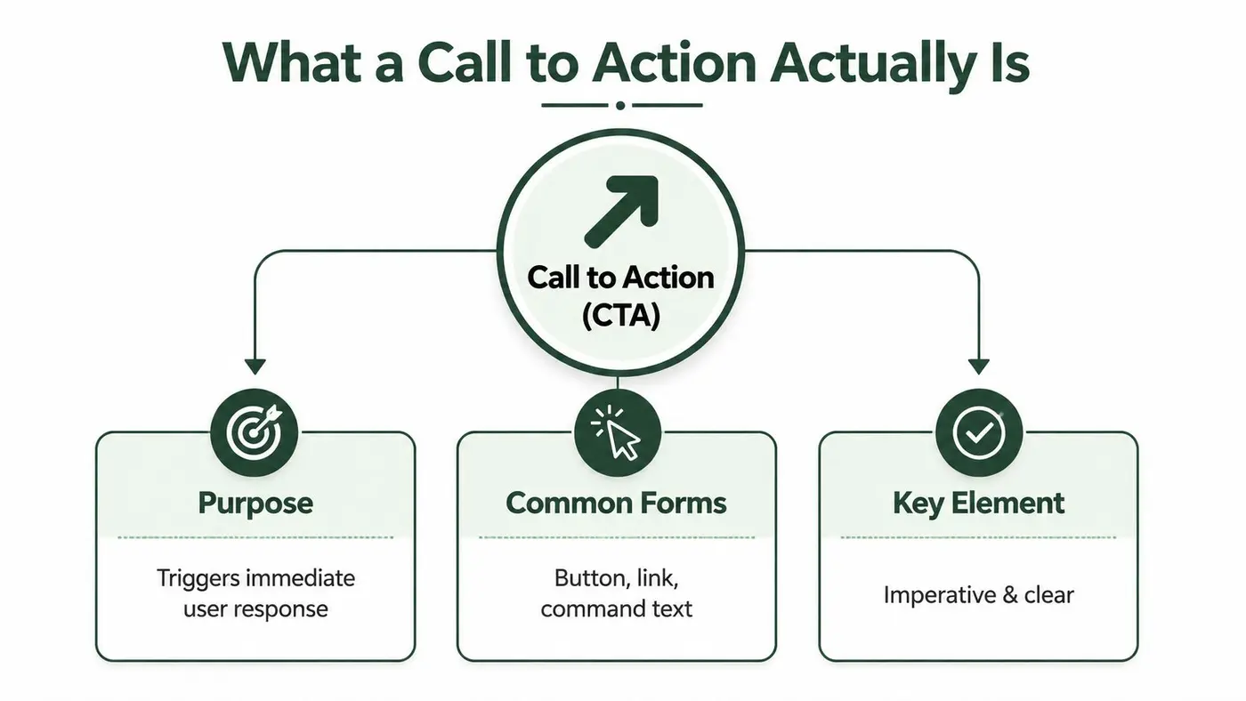 A diagram explaining what a Call to Action is, including its purpose, common forms, and key elements.