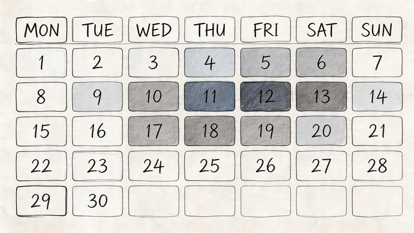 A hand-drawn monthly calendar with select dates shaded in varying shades of grey to highlight specific days.