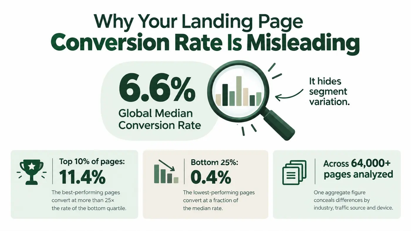 An infographic showing that the global median landing page conversion rate is 6.6% with significant segment variation.