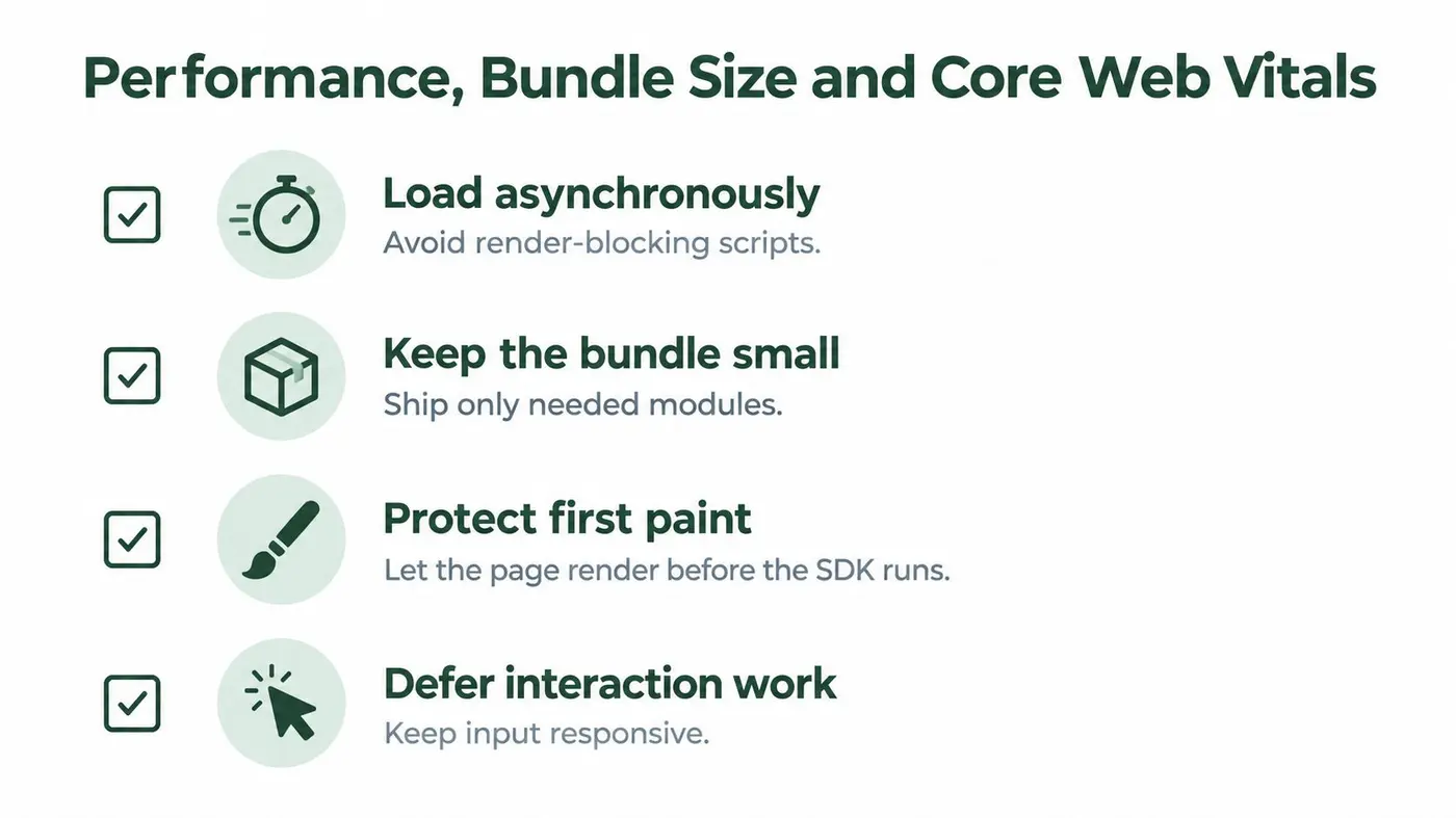 A list of four key web performance tips for optimizing bundle size and Core Web Vitals.