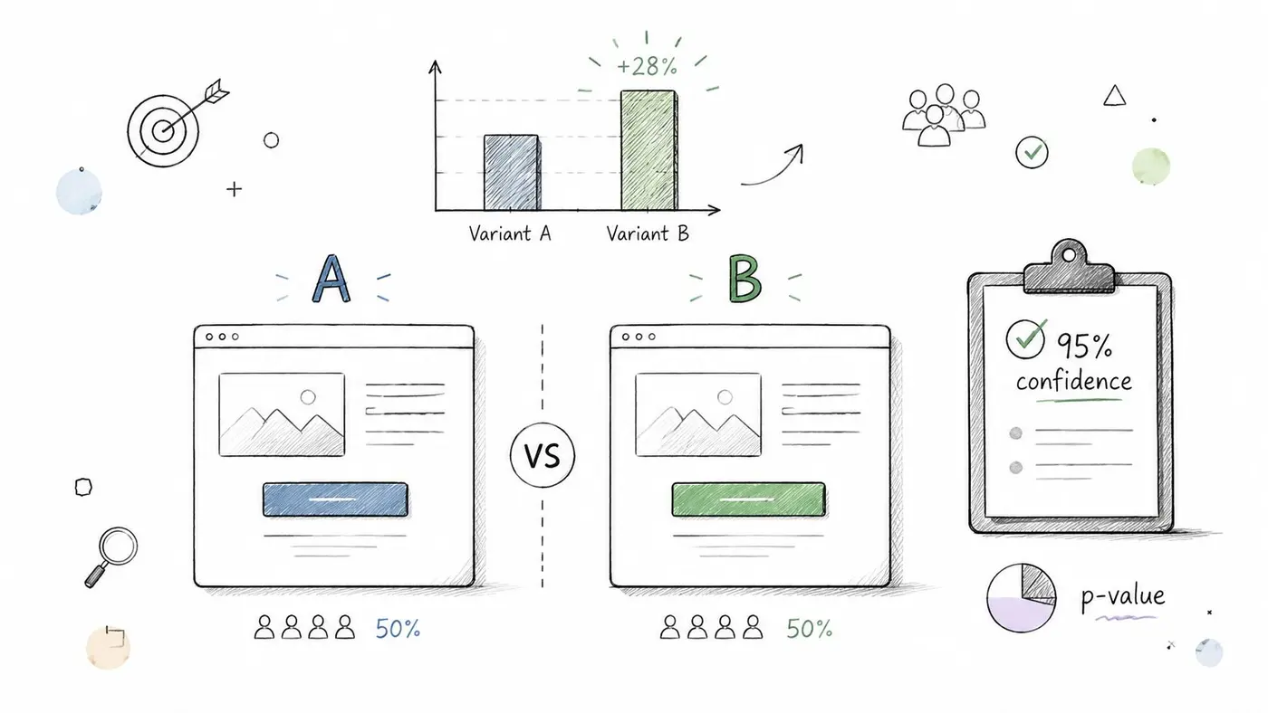 A hand-drawn illustration showing an A/B testing process comparing two website designs with 95% statistical confidence.