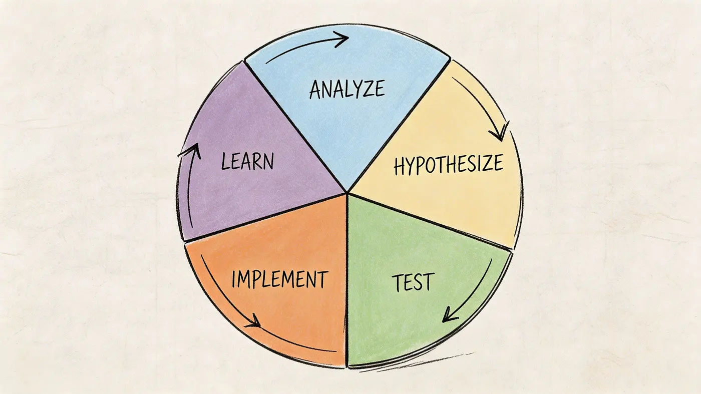 A circular diagram depicting a continuous improvement cycle with steps for analyze, hypothesize, test, implement, and learn.