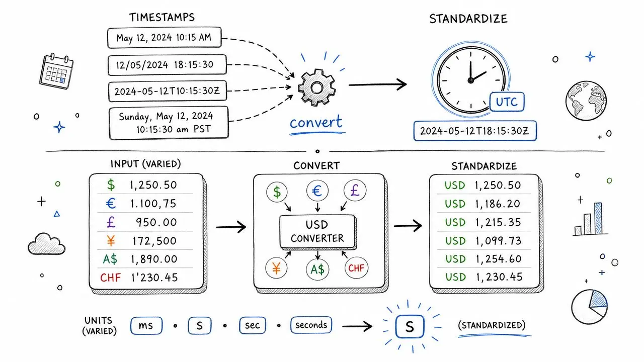 A diagram illustrating the process of standardizing varied timestamps, currencies, and units into a consistent format.