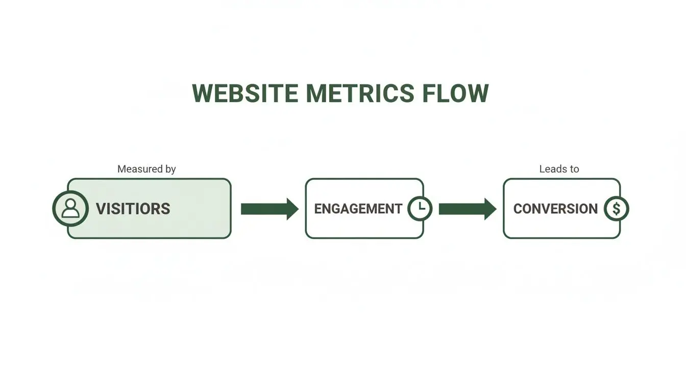 A flowchart illustrates website metrics flow: Visitors lead to Engagement, which leads to Conversion and revenue.