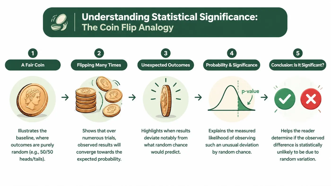 An infographic explaining the concept of statistical significance using a coin flip analogy through five simple steps.
