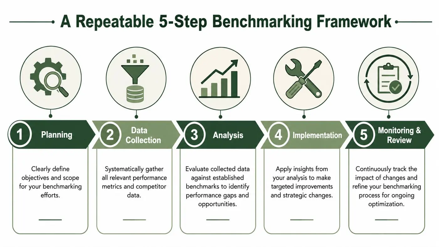 A five-step business diagram illustrating a repeatable framework for organizational performance benchmarking and strategic improvement.