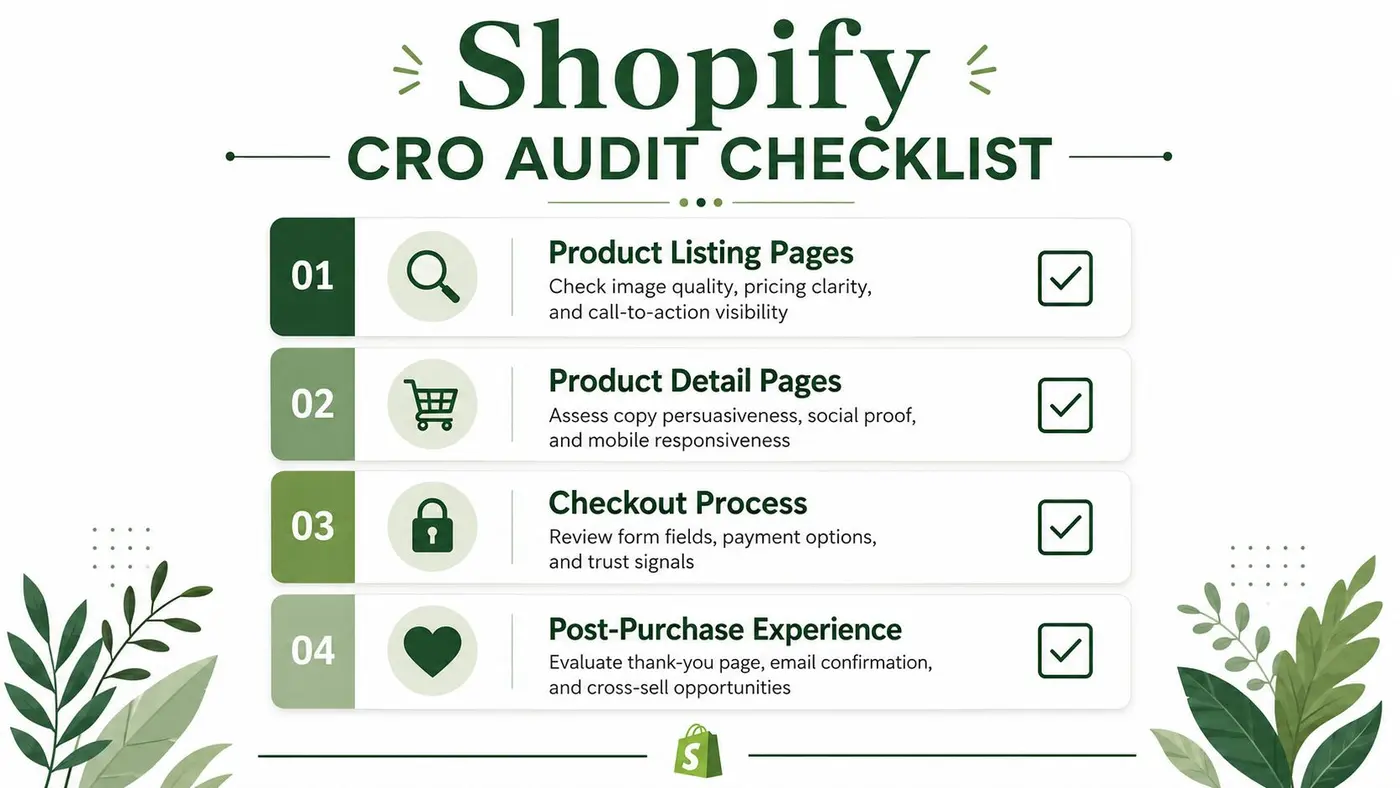 A checklist infographic titled Shopify CRO Audit Checklist featuring four steps for optimizing e-commerce store performance.