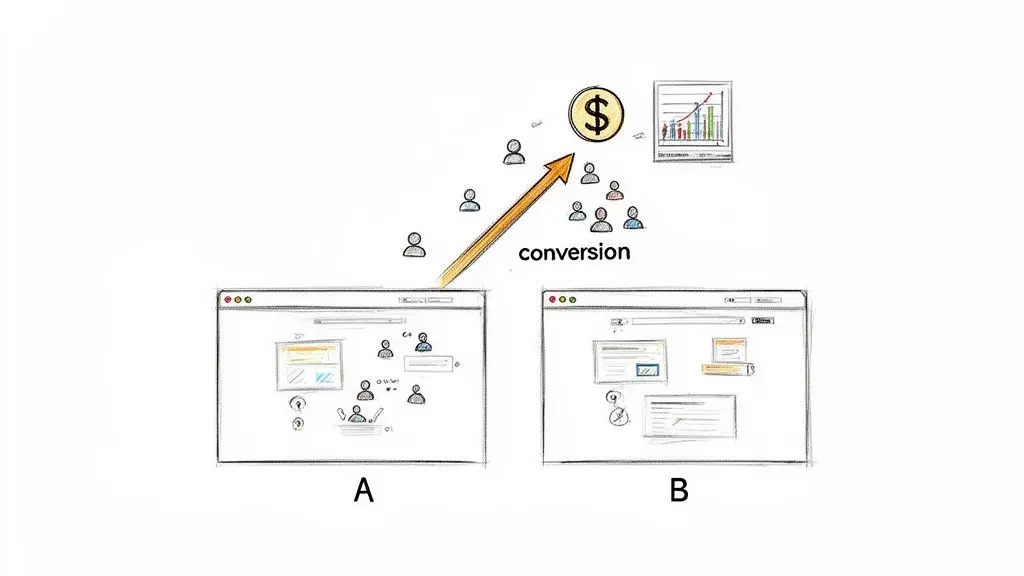 Illustration of A/B testing two landing pages, showing user flow, conversion, and increased revenue.