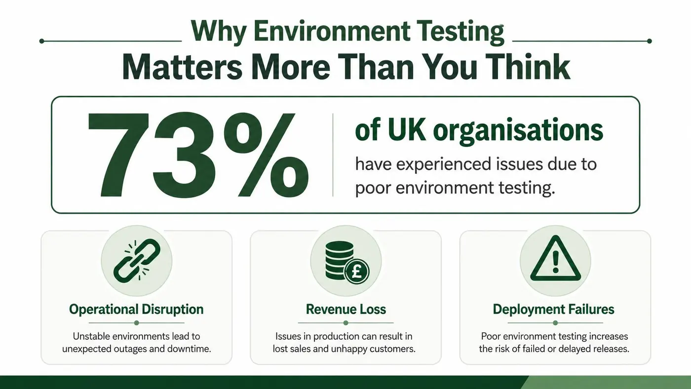 An infographic highlighting that 73% of UK organizations face issues due to poor software environment testing.