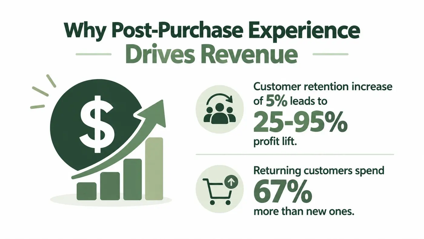 An infographic showing that improving post-purchase experience increases customer retention and revenue through profit and spending.