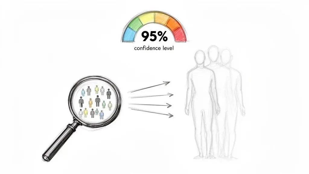A magnifying glass observes a diverse sample of people, with arrows pointing to a larger population, indicating a 95% confidence level.