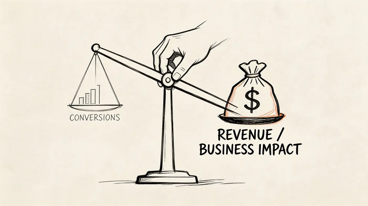 A hand balancing a scale with website conversion graphs on one side and revenue business impact money bag.