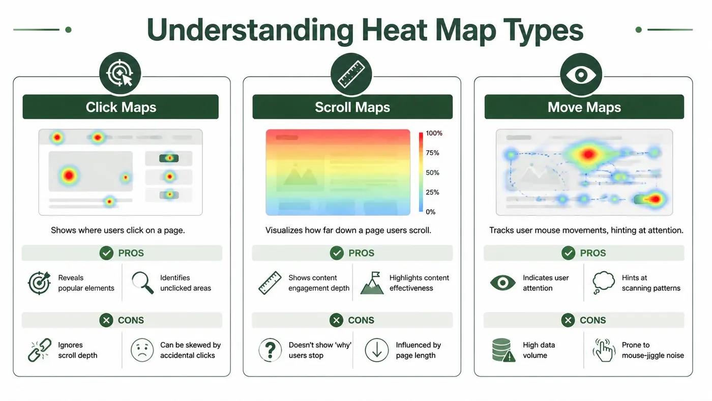 An infographic comparing different types of website analytics tools including click maps, scroll maps, and move maps.