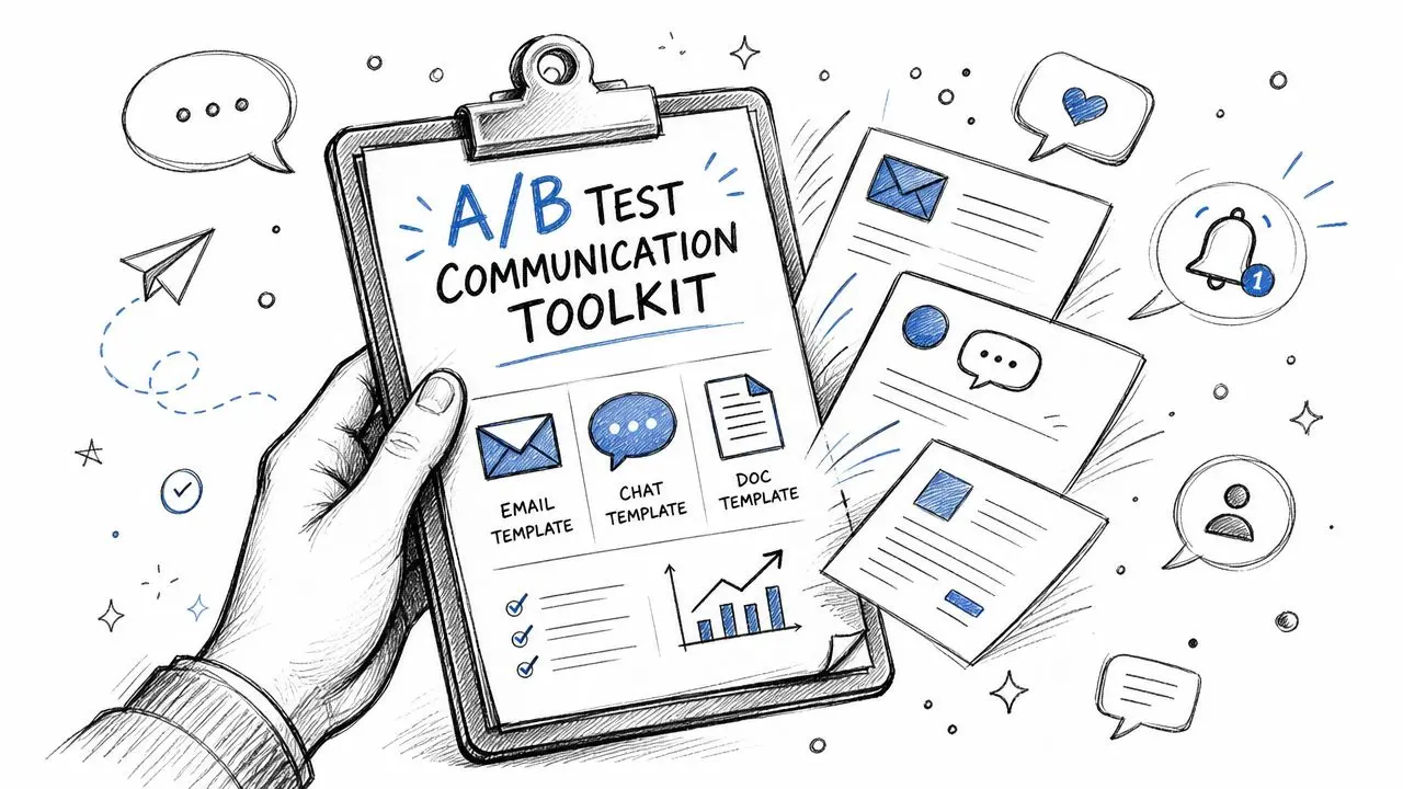 A hand holding a clipboard featuring an A/B test communication toolkit with icons for email, chat, and documentation.