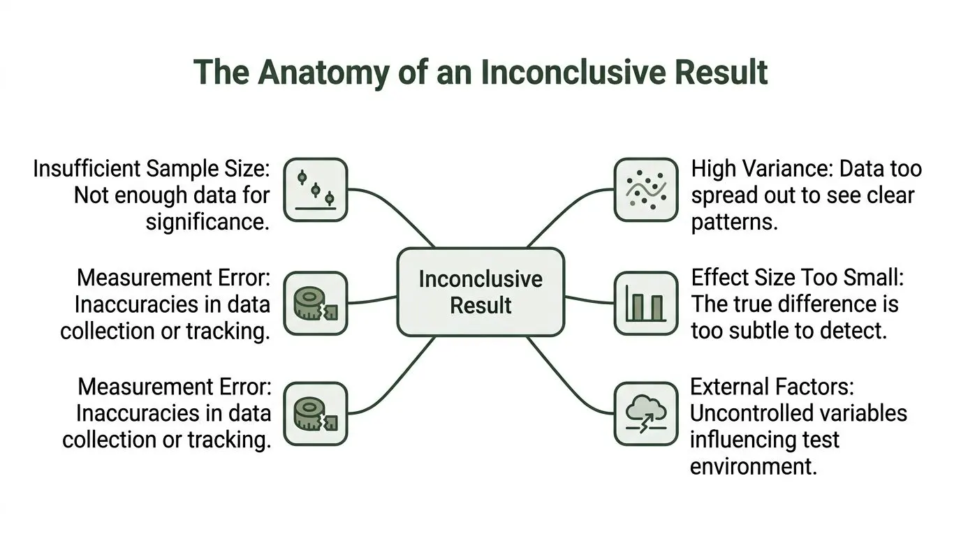 A diagram illustrating the six common factors that lead to an inconclusive test result in data analysis.