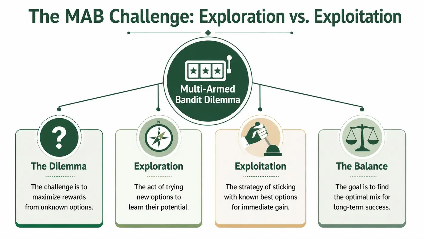 A diagram explaining the Multi-Armed Bandit dilemma of balancing exploration of new options and exploitation of known ones.
