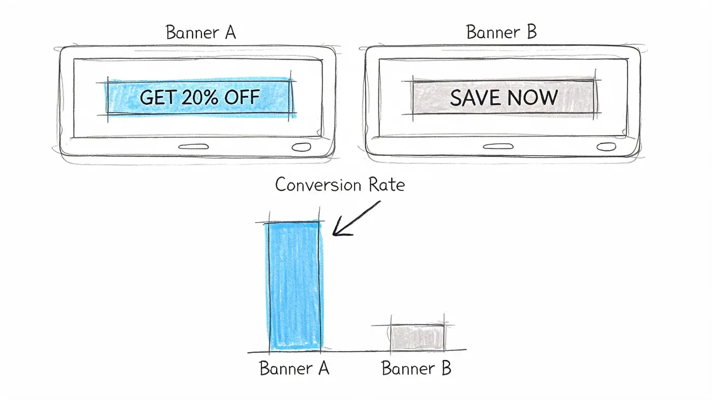 A hand-drawn illustration comparing conversion rates between two website banners with different text calls to action.