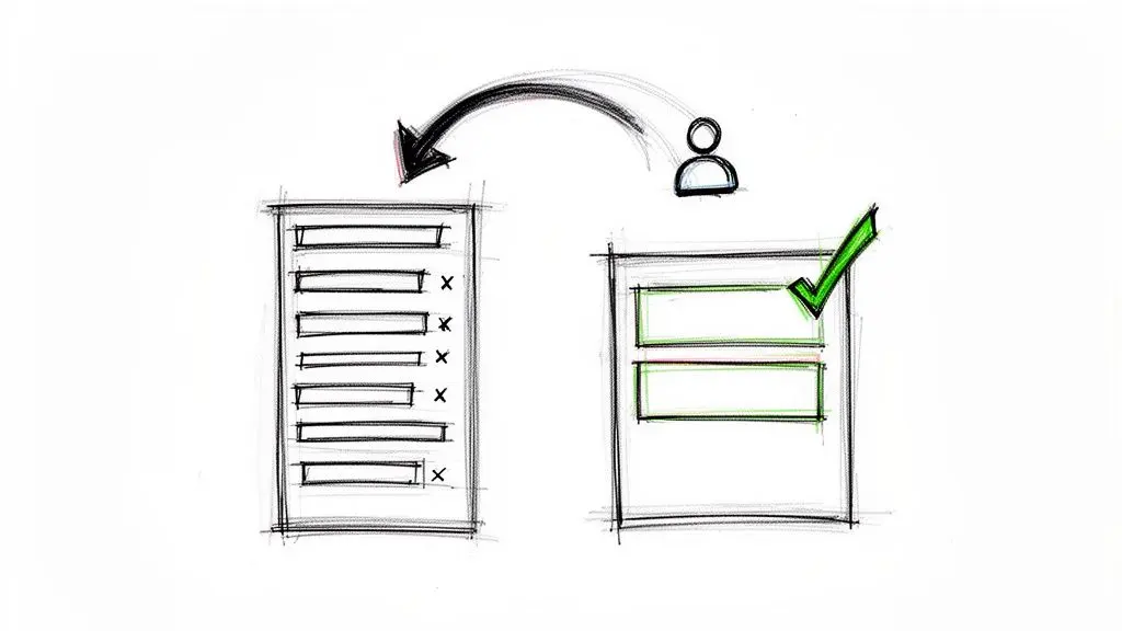 A sketch illustrating a user's journey, transforming a list of incomplete tasks into successfully completed items.
