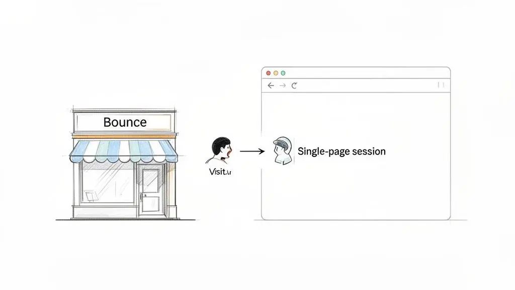 An illustration showing a user visiting a website, labeled 'Bounce', resulting in a single-page session.