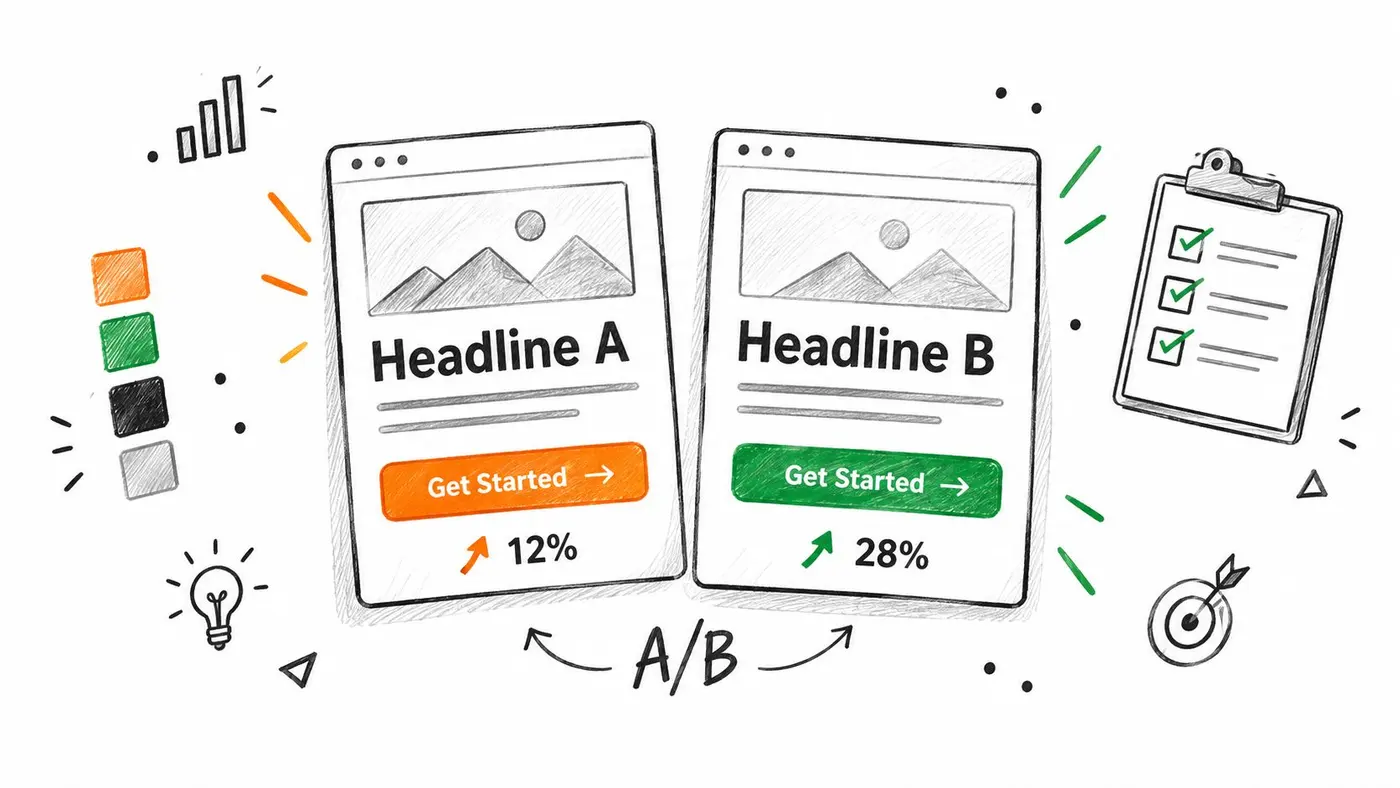 A hand-drawn illustration comparing A/B testing results with two website designs and different conversion rates.