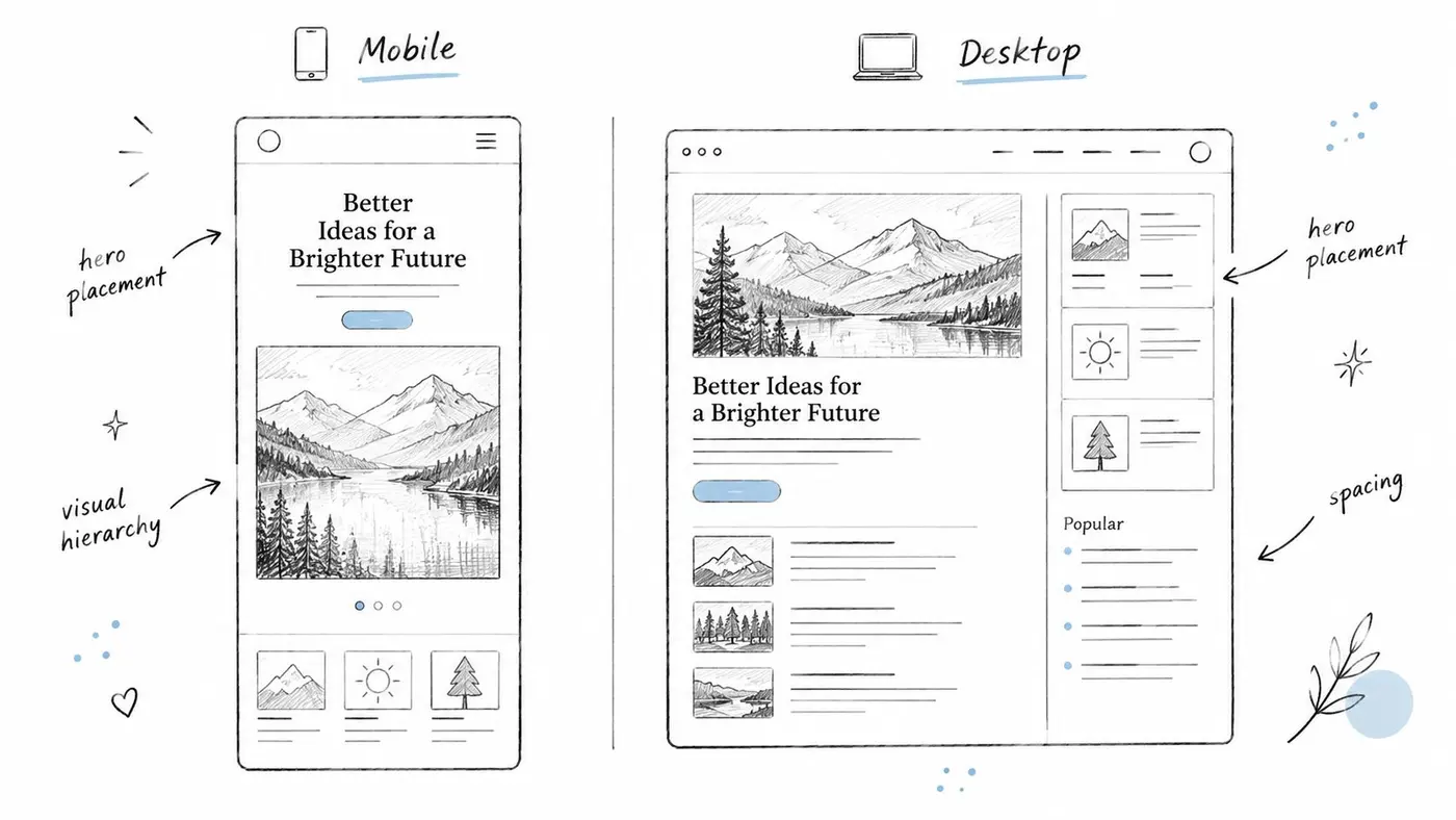 A hand-drawn comparison sketch illustrating responsive website layout differences between mobile and desktop screen interfaces.
