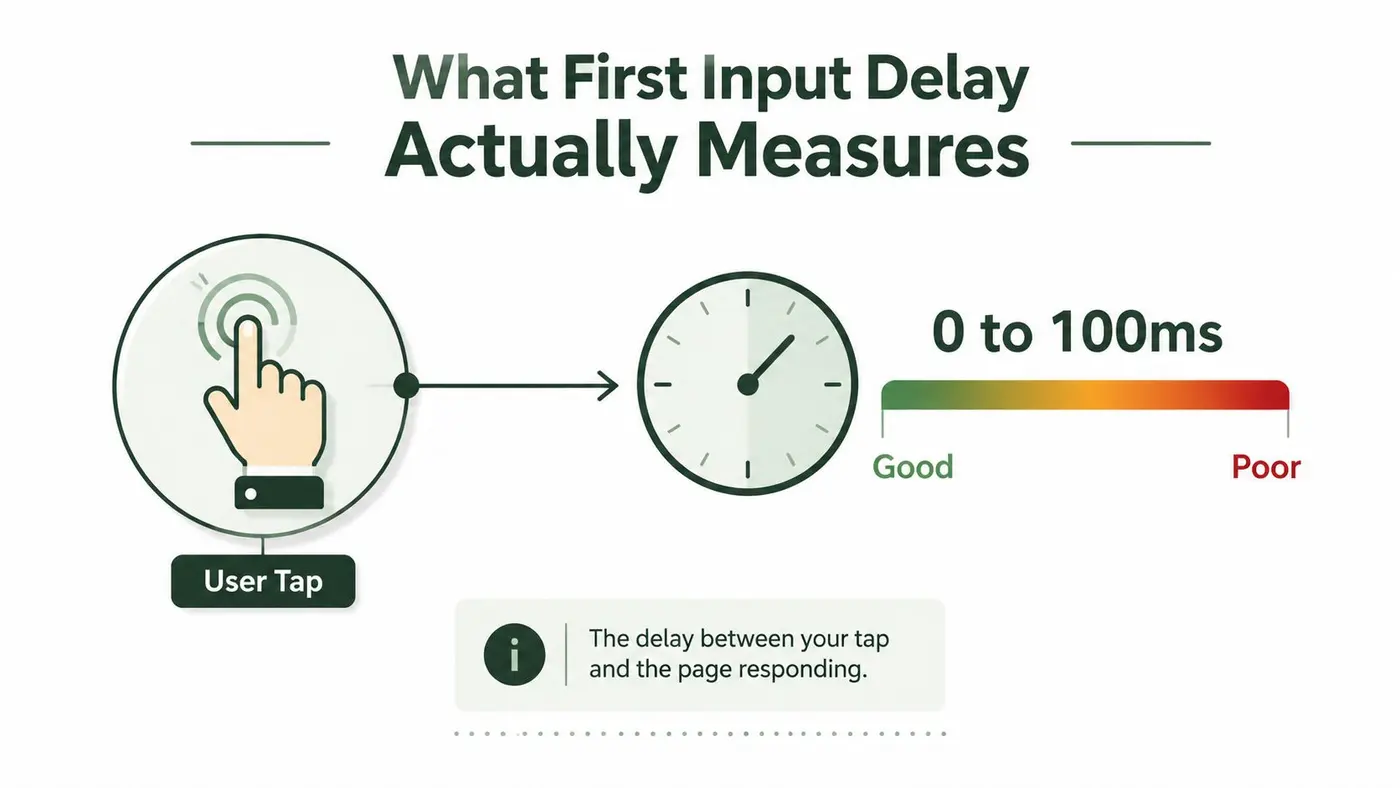 An infographic illustrating how First Input Delay measures the time between a user tap and page response.