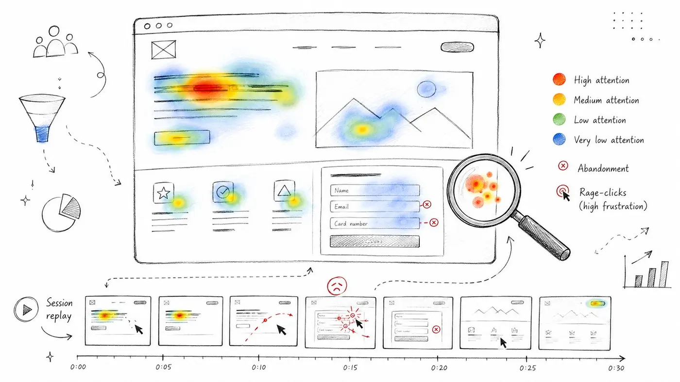 A hand-drawn illustration depicting website session recording, heatmaps, and user frustration analysis to improve conversion rates.