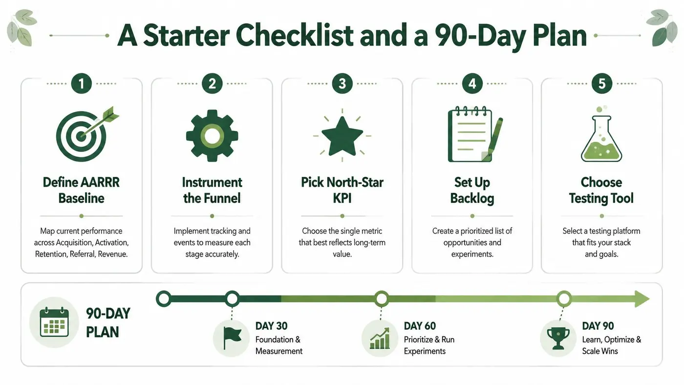 A diagram outlining a 5-step starter checklist and 90-day plan for a growth marketing strategy.