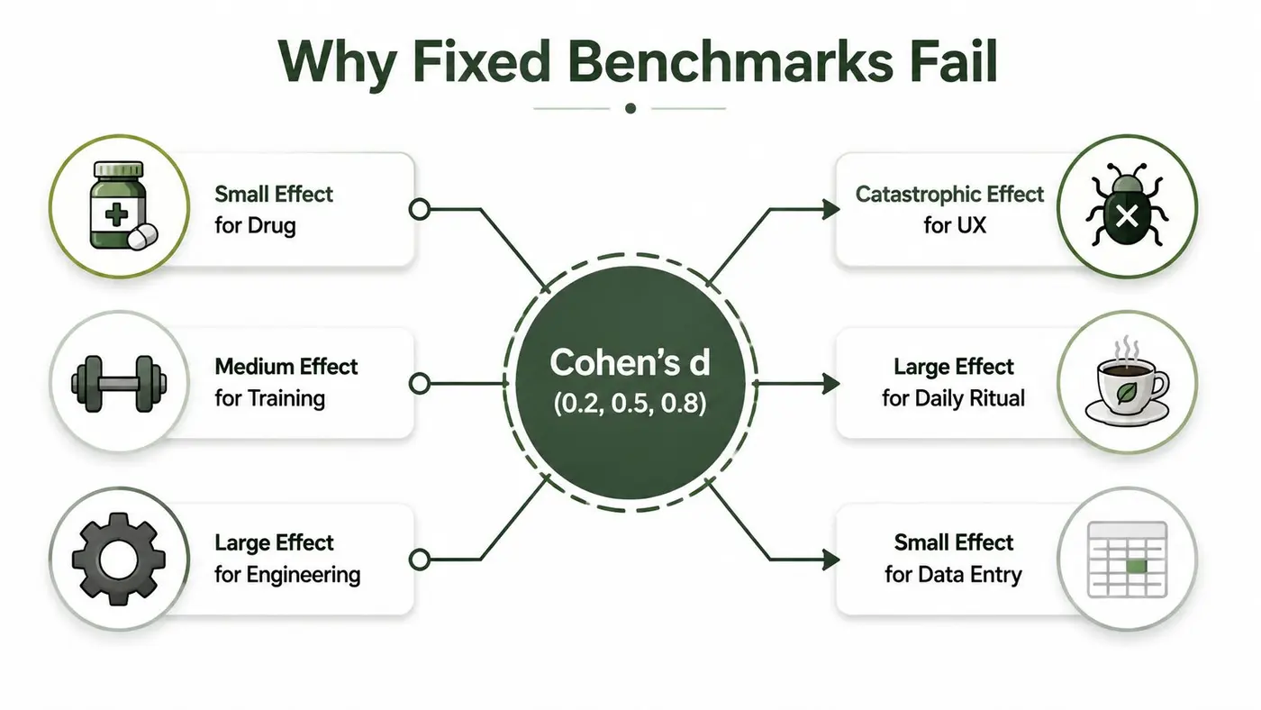 A diagram illustrating why fixed Cohen's d benchmarks fail across different fields like medicine, UX, and engineering.