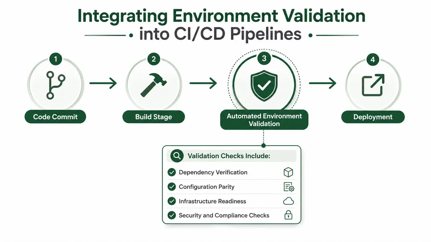 A diagram illustrating a CI/CD pipeline with a highlighted step for automated environment validation checks.