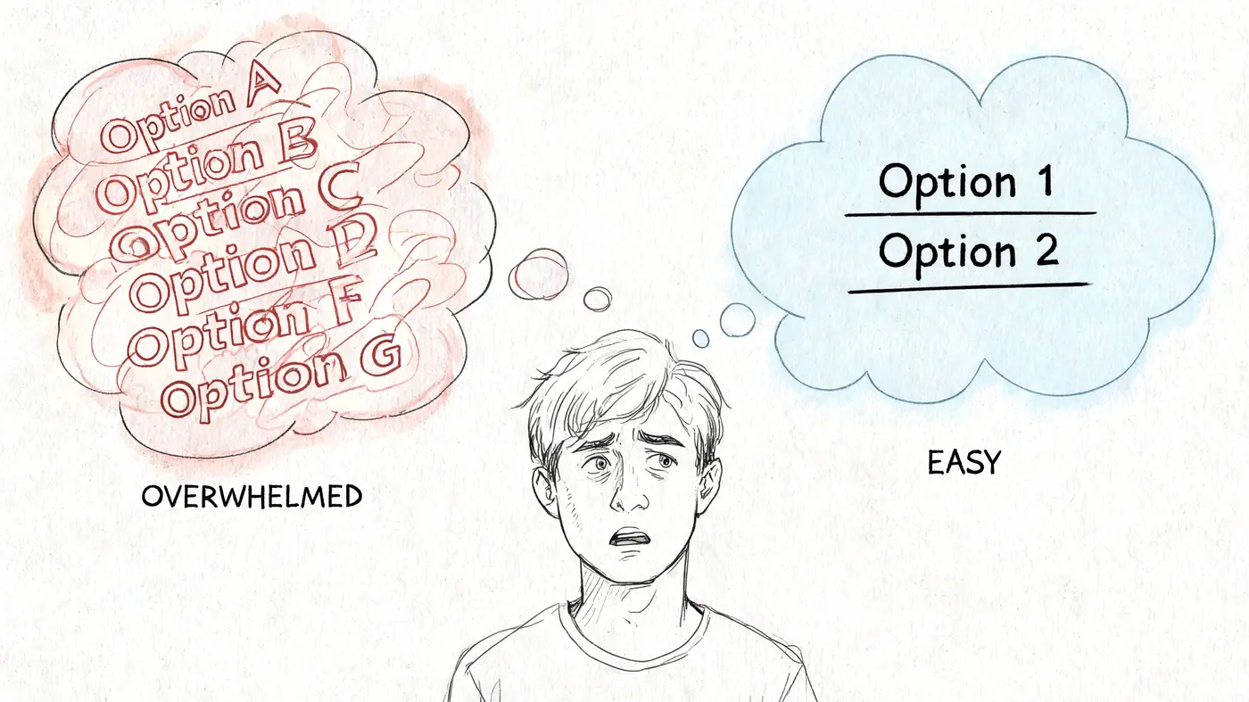A person feeling overwhelmed by too many choices compared to the ease of limited options.
