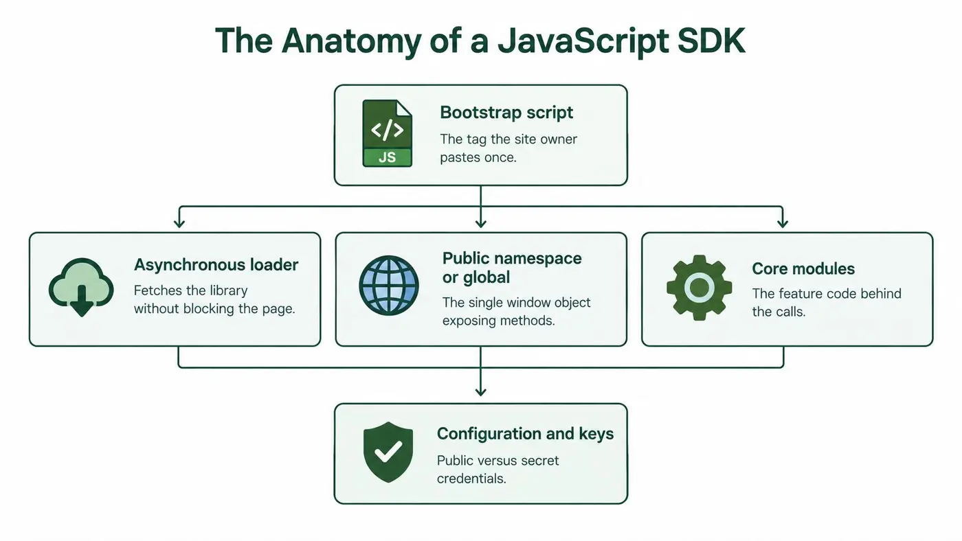 A diagram illustrating the components of a JavaScript SDK including bootstrap script, asynchronous loader, global namespace, and modules.