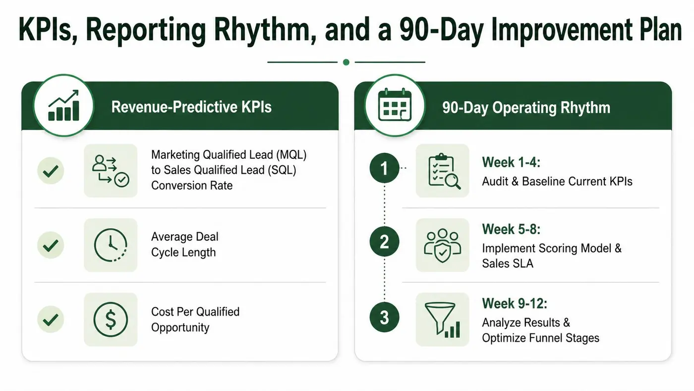 A diagram outlining Revenue-Predictive KPIs and a 90-Day Operating Rhythm for optimizing business sales and marketing processes.