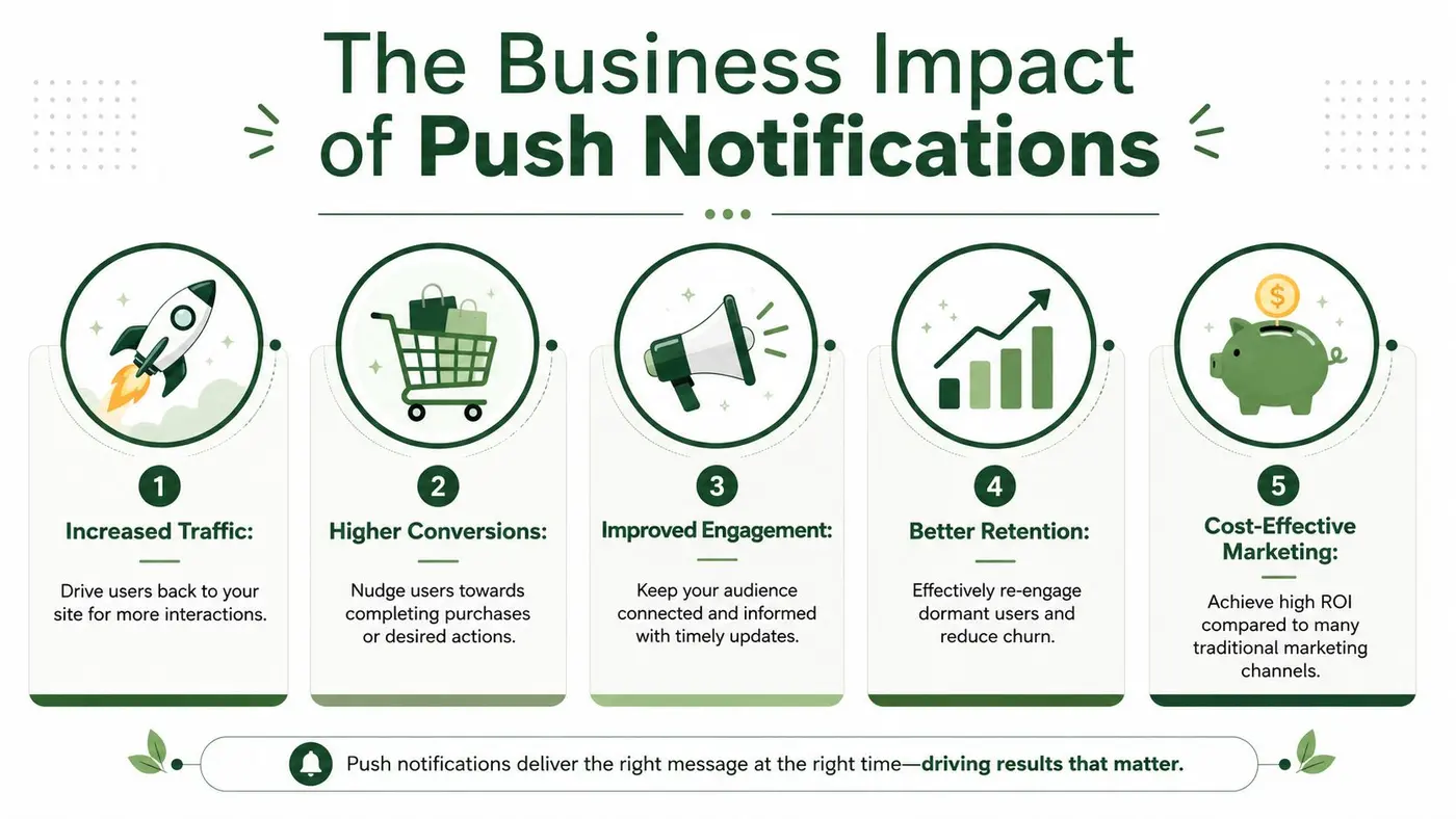 An infographic highlighting the five main business benefits of using website push notifications for marketing.