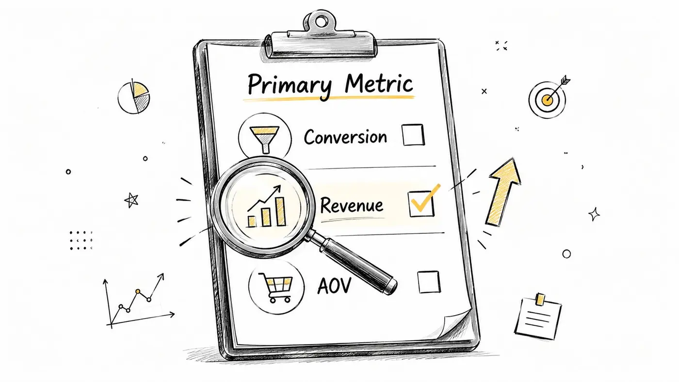 A hand-drawn illustration of a clipboard highlighting Revenue as the primary metric for testing.