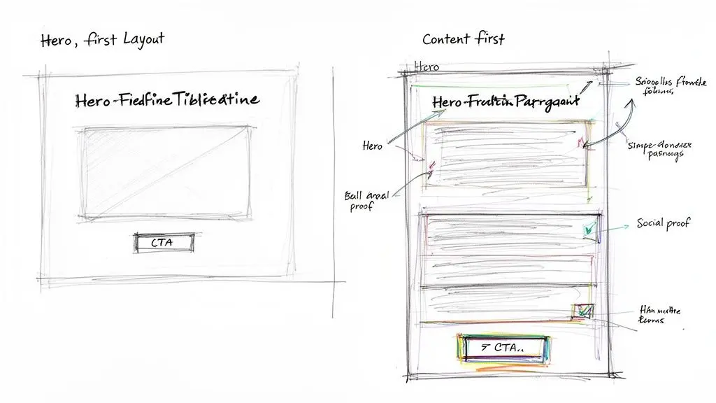 Hand-drawn sketches comparing hero-first and content-first website layouts for conversion optimization.