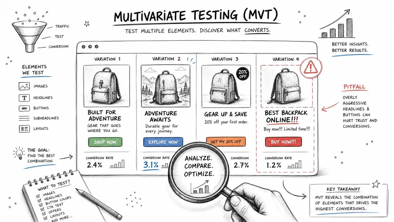 An infographic illustration explaining multivariate testing with four website design variations compared for conversion rates.