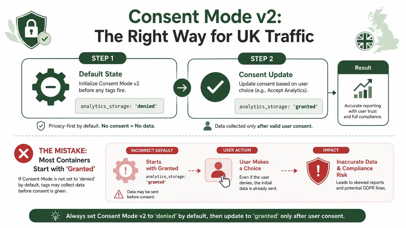 A diagram explaining how to correctly configure Consent Mode v2 by setting defaults to denied before user consent.
