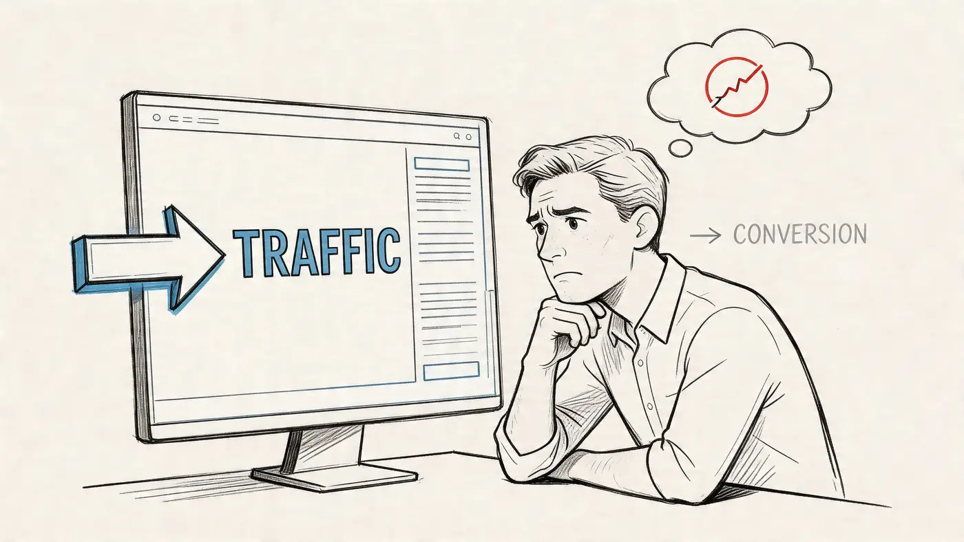 A concerned man looking at a computer screen showing website traffic while thinking about poor conversion rates.