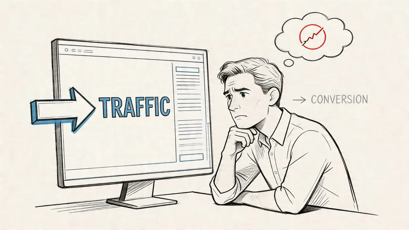 A concerned man looking at a computer screen showing website traffic while thinking about poor conversion rates.