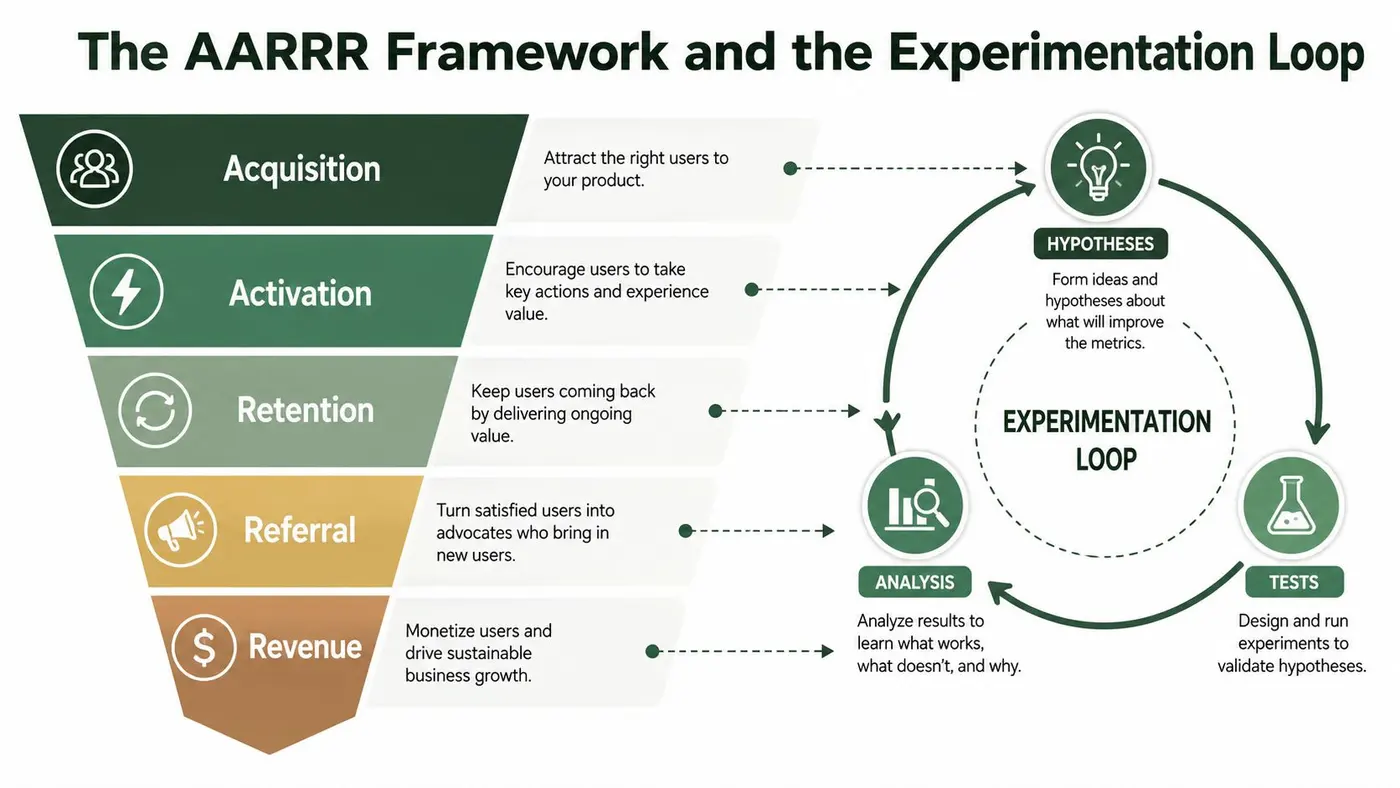 A diagram illustrating the AARRR framework alongside the experimentation loop for growth marketing strategies and user metrics.