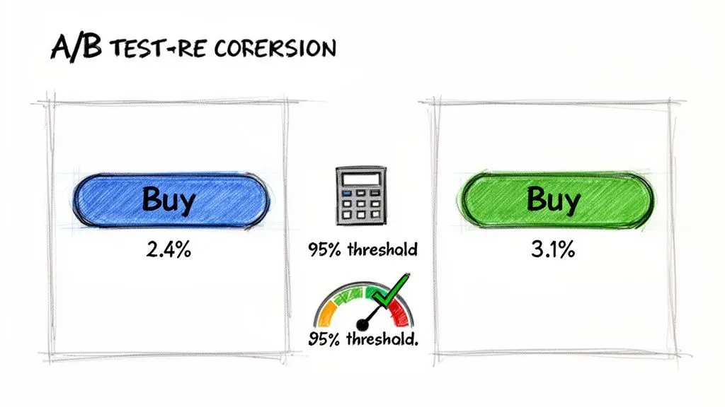 A/B test showing two 'Buy' buttons, blue (2.4% conversion) and green (3.1% conversion), exceeding a 95% confidence threshold.
