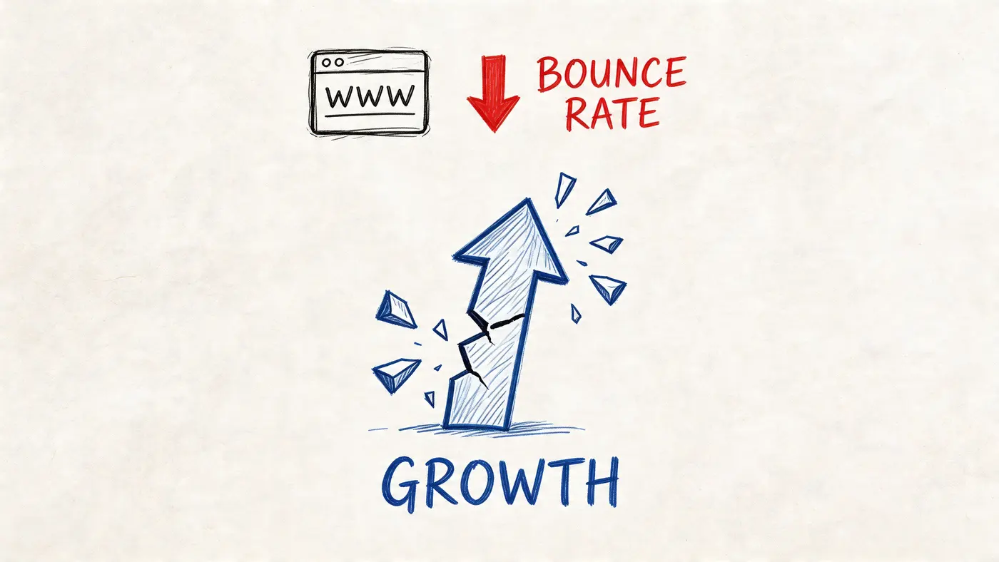 A hand-drawn illustration showing a website icon, a downward arrow, and a broken upward arrow labeled growth.