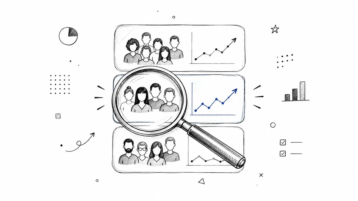 A magnifying glass focusing on a specific group of people with business data charts in the background.