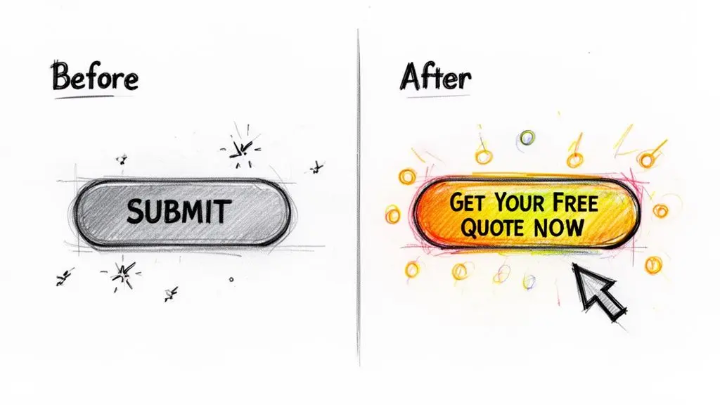 Before and after sketch showing a dull 'SUBMIT' button transformed into a vibrant 'GET YOUR FREE QUOTE NOW' call to action.