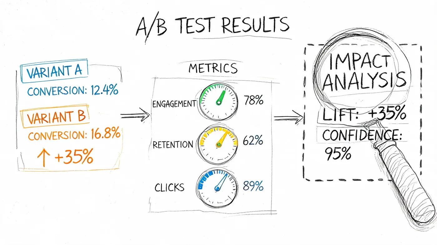 A sketched A/B test results diagram showing conversion rates, engagement metrics, and impact analysis with 95 percent confidence.