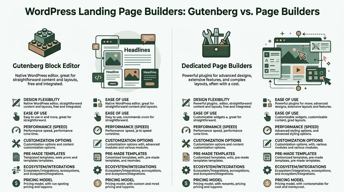 A comparative infographic showing differences between Gutenberg block editor and dedicated WordPress landing page builders.