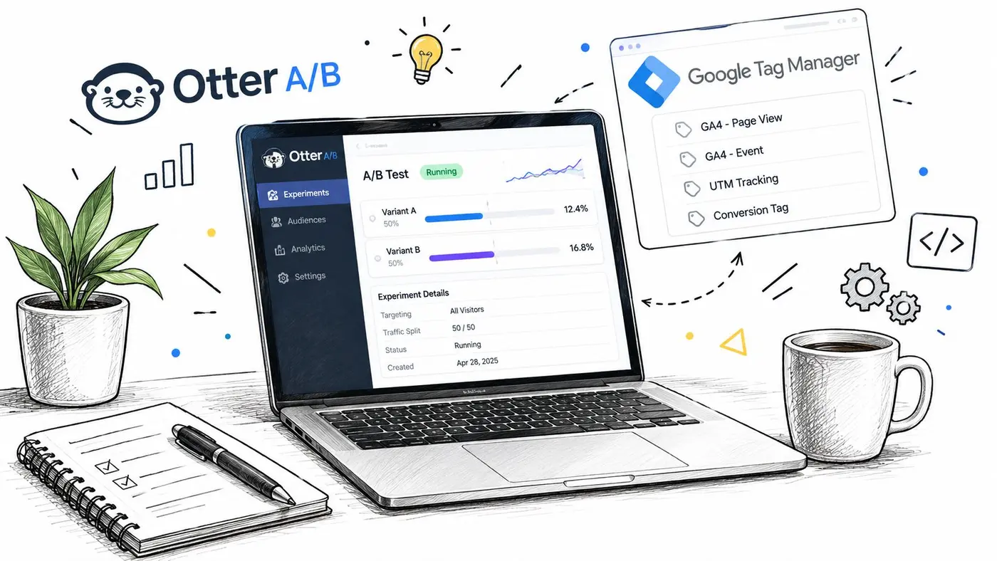 A laptop displaying Otter A/B testing software next to Google Tag Manager settings on a desk.